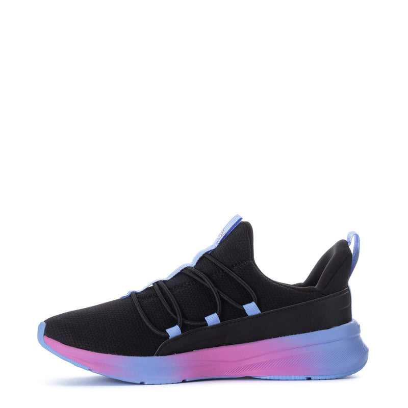Black lace-up youth sneaker with blue accents, Puma logo, and blue-pink gradient sole