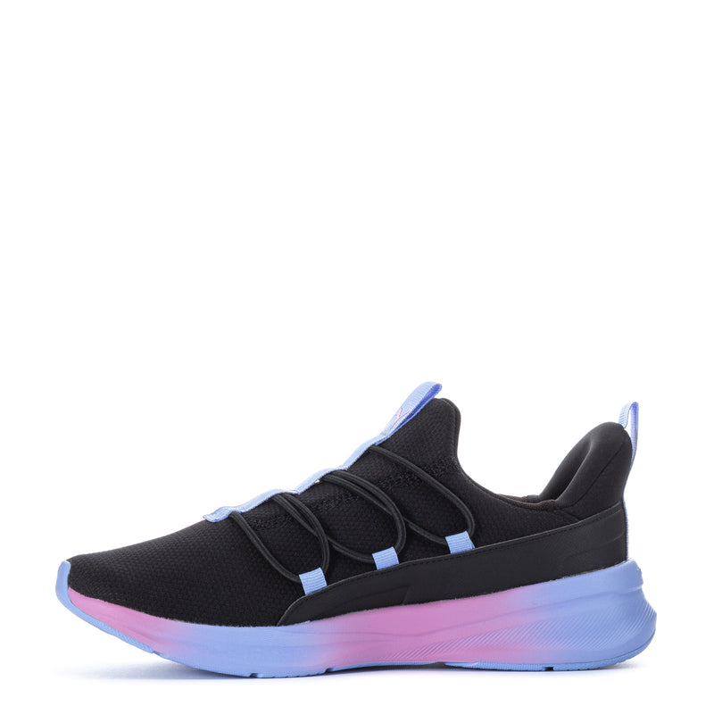 Youth black slip-on sneakers with strap detail and light blue/pink midsole, PUMA logo