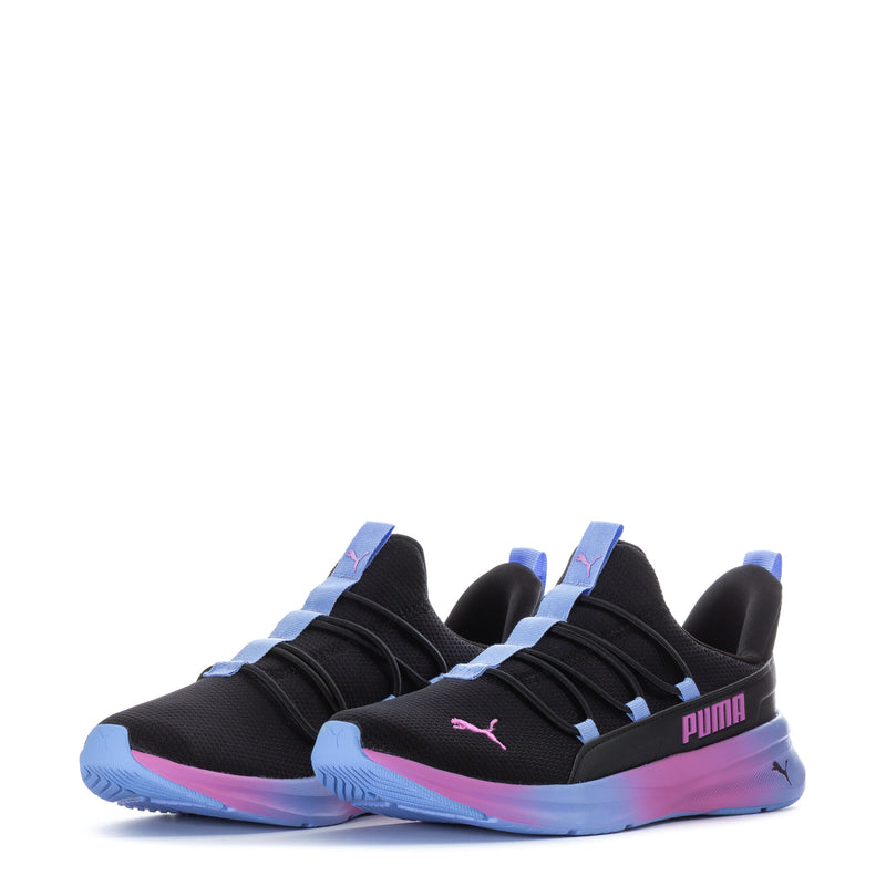 Pair of black youth sneakers with blue heel straps and Puma logos, gradient soles