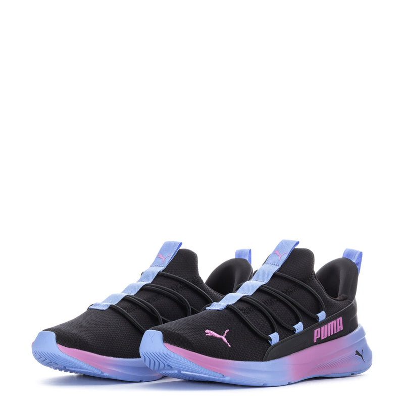 Pair of youth black slip-on sneakers with PUMA wordmarks, light blue and pink soles