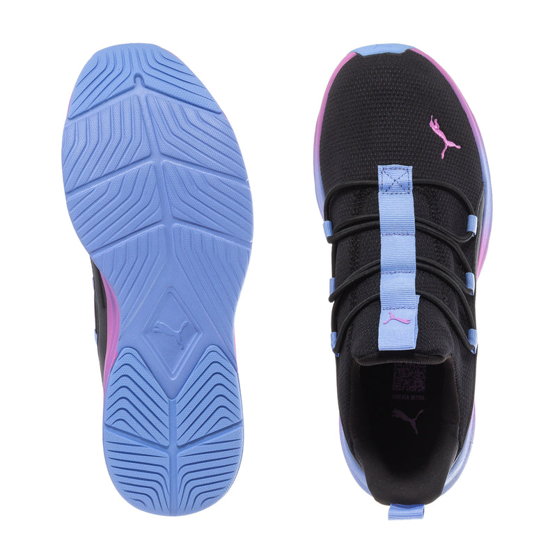 Black sneaker outsole and heel view with blue tread and Puma logo on upper