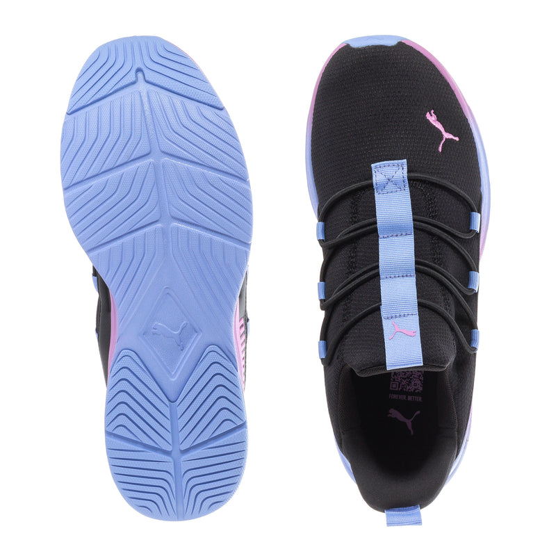 Youth sneaker outsole and side view: black uppers with light blue straps, PUMA logo
