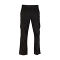 Men's black open-hem cargo pants, zip fly, front hand pockets, cargo side pockets