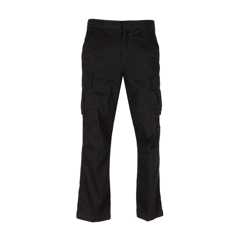 Men's black open-hem cargo pants, zip fly, front hand pockets, cargo side pockets