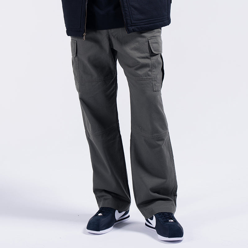 Men's dark cargo pants with side cargo pockets and wide straight leg