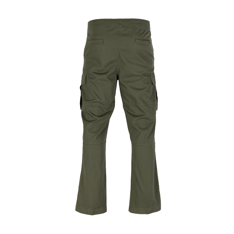 Men's olive cargo pants with flap cargo pockets and straight legs