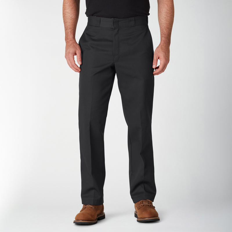 Men's black work pants, straight leg and front crease