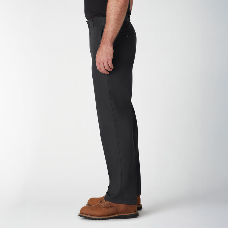 Men's black work pants with side seam detail and ankle hem