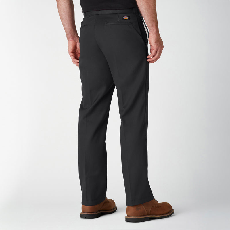 Men's black work pants with back yoke and stitched hem