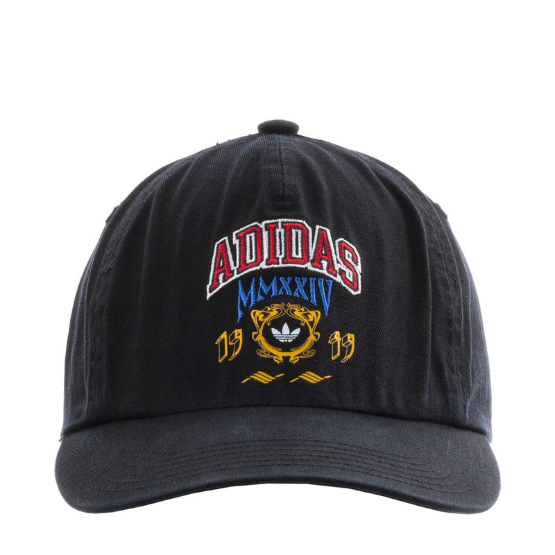 Black 5-panel varsity strapback cap with embroidered ADIDAS graphic on front.