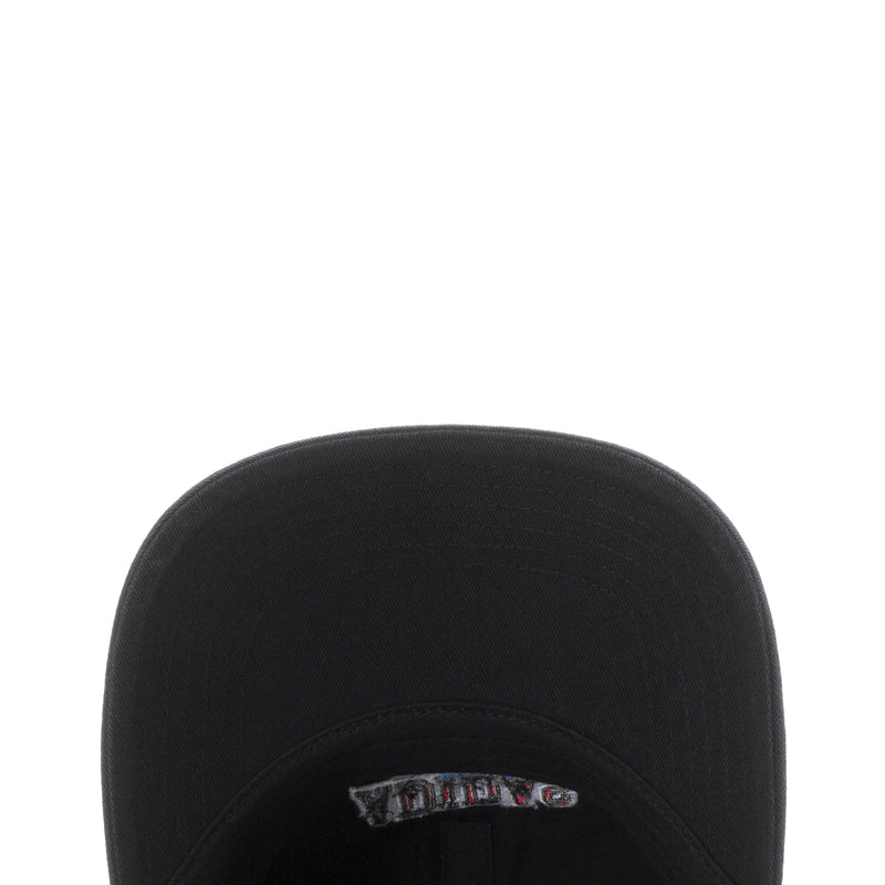 Black 5-panel cap top view with small embroidered ADIDAS logo on back.