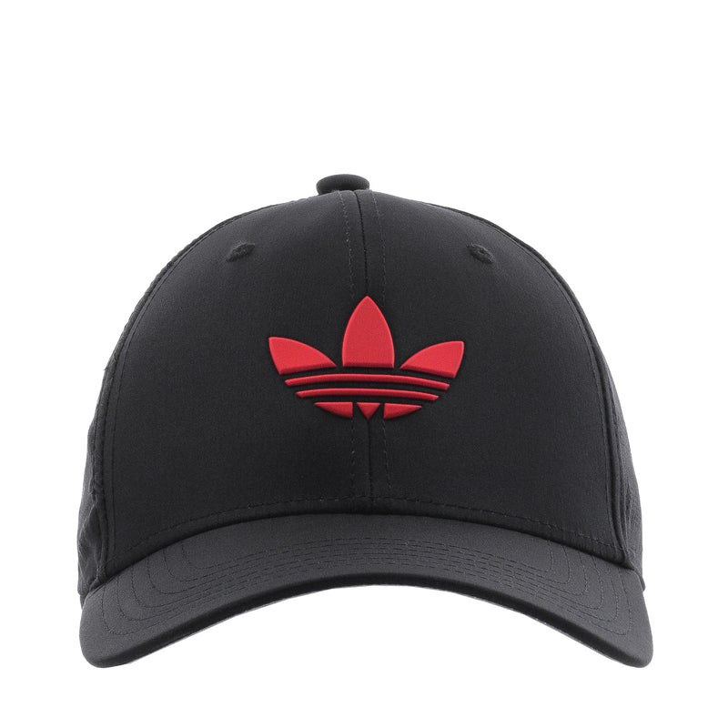 Black snapback cap with red adidas trefoil logo on the front.