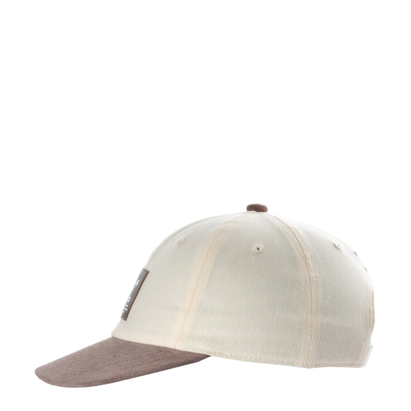 adidas Originals Terrace snapback cap with white crown and brown curved brim, angled view