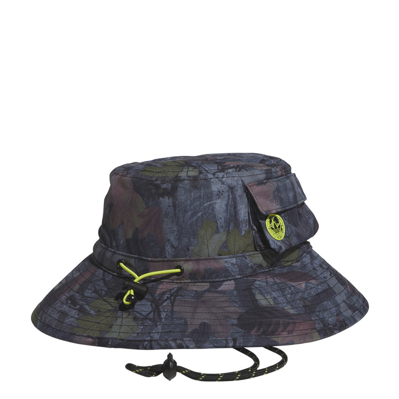 Tree camo boonie hat with side chin strap and neon drawcord