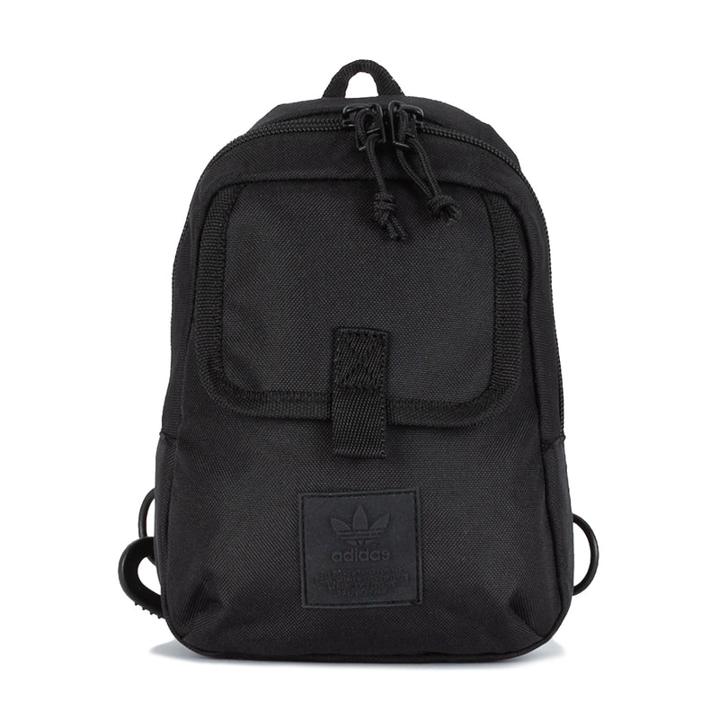 Utility mini sling bag, black fabric with front flap pocket and cinch cords