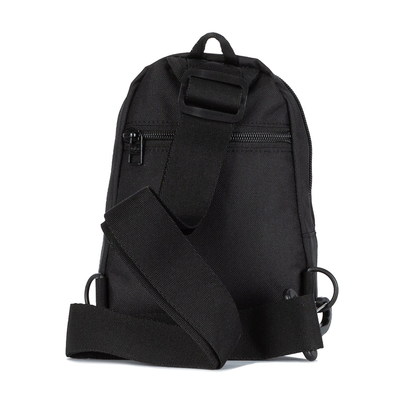 Utility mini sling bag, black with front zip pocket, adjustable strap, side webbing