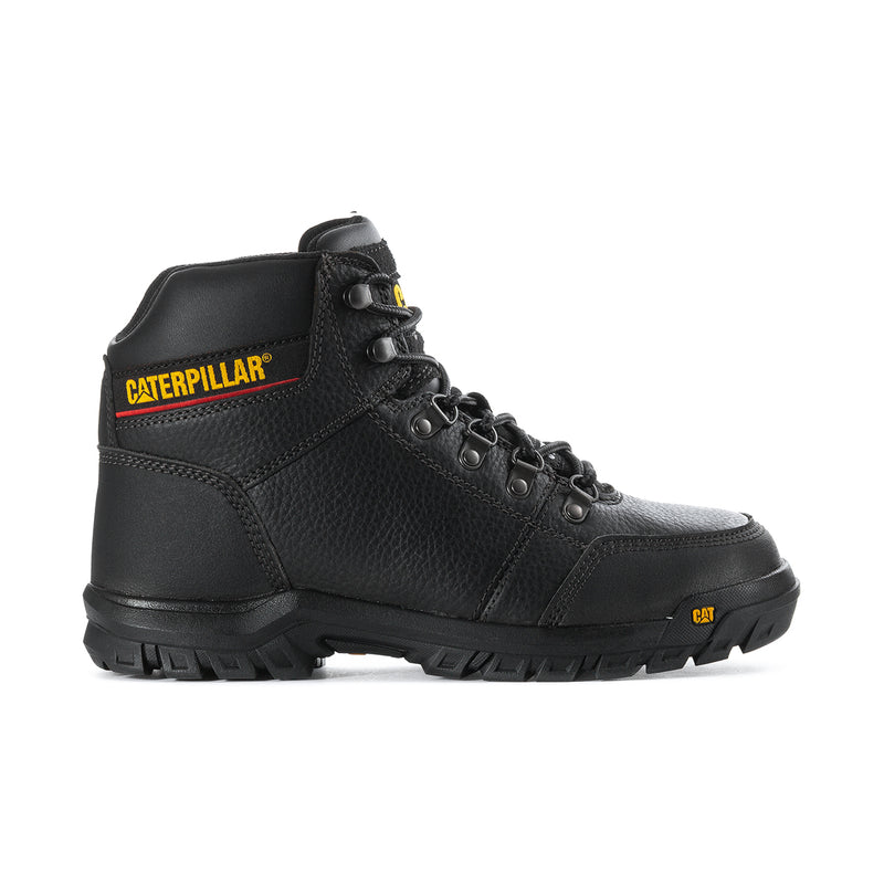 Men's black steel toe work boots, quarter view with Caterpillar logo