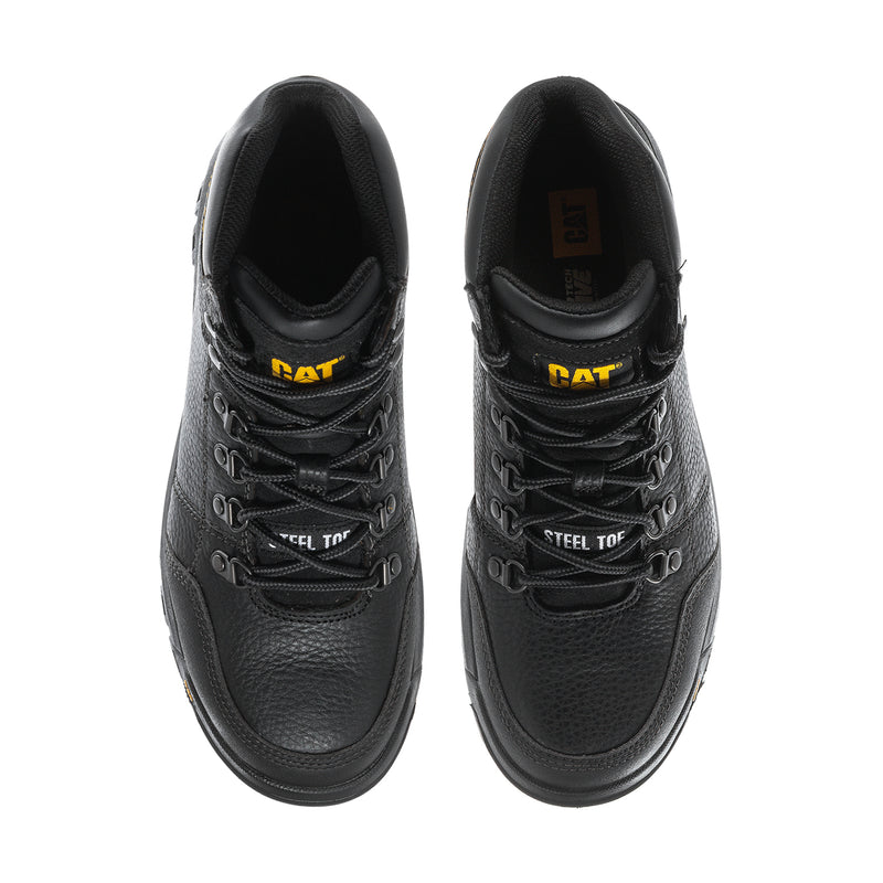 Men's black steel toe lace-up work boots, CAT logo on side