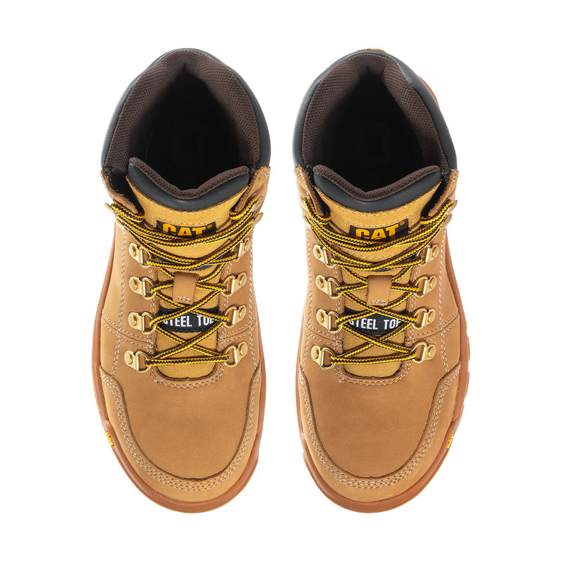 Pair of wheat steel-toe lace-up boots with yellow laces and “STEEL TOE” branding