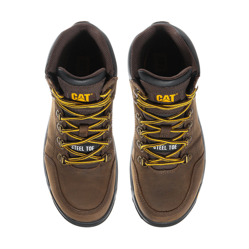 Steel toe work boots in dark brown with yellow laces, side logo, and padded collar