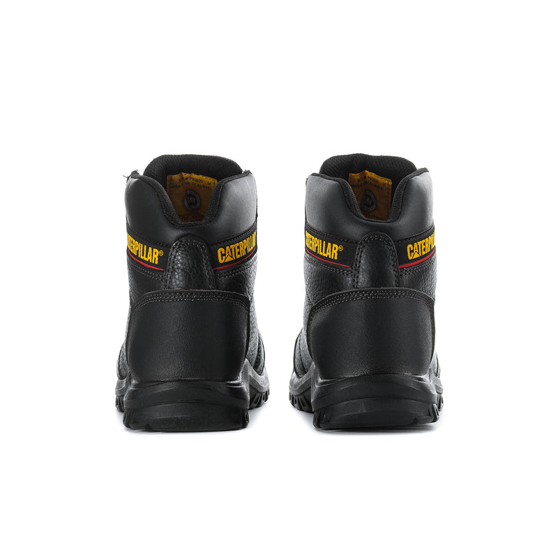 Men's black steel toe work boots, rear view with Caterpillar branding