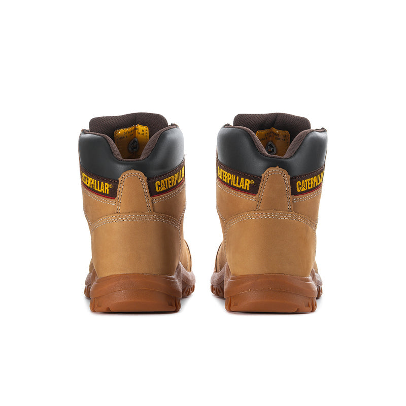 Back view of wheat steel-toe lace-up boots with padded collar and pull tab