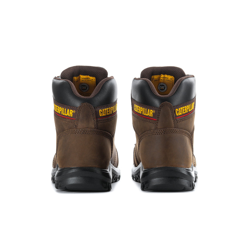 Dark brown steel toe work boots with rear pull tab and black heel and outsole