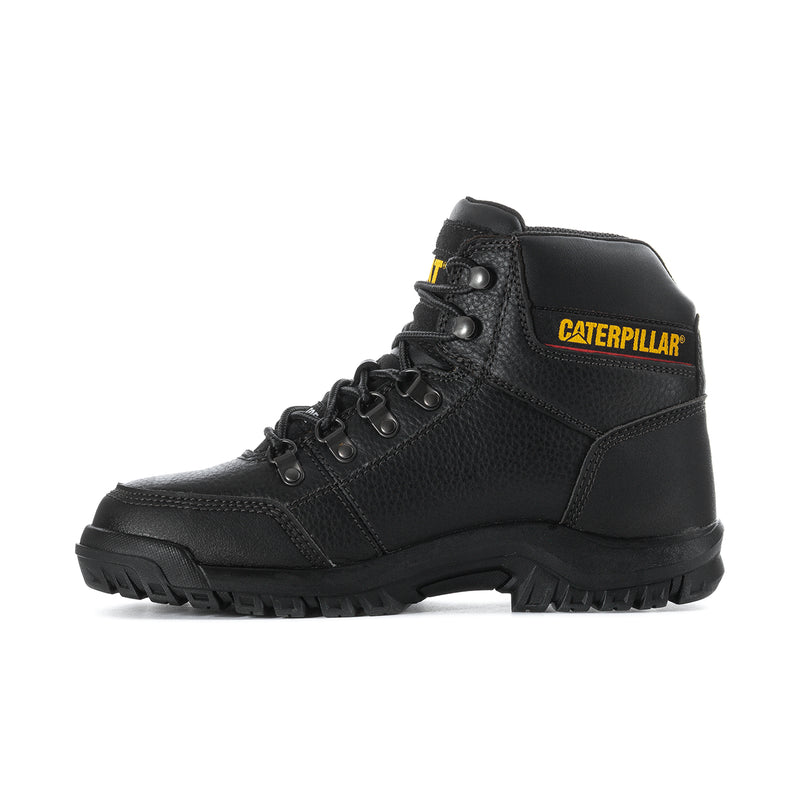 Men's black steel toe lace-up work boots, side profile with Caterpillar label