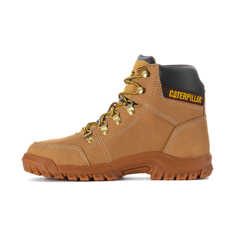 Men’s wheat steel-toe work boots with lace-up styling and Caterpillar logo, padded collar