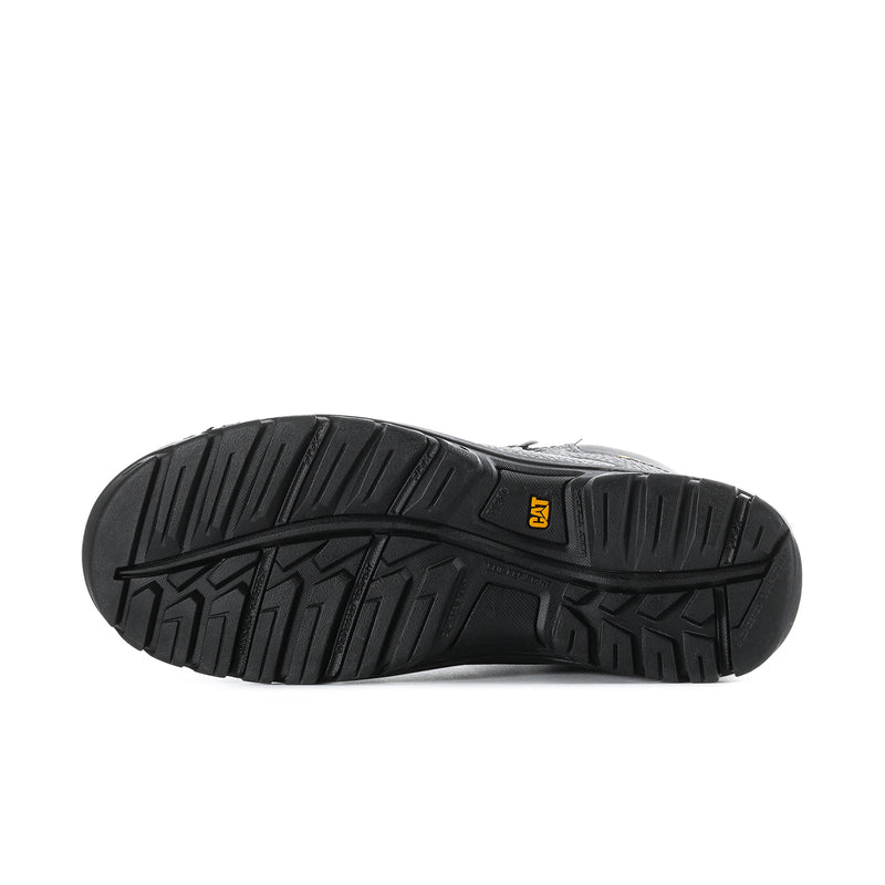 Men's black steel toe work boot outsole with tread pattern and CAT emblem