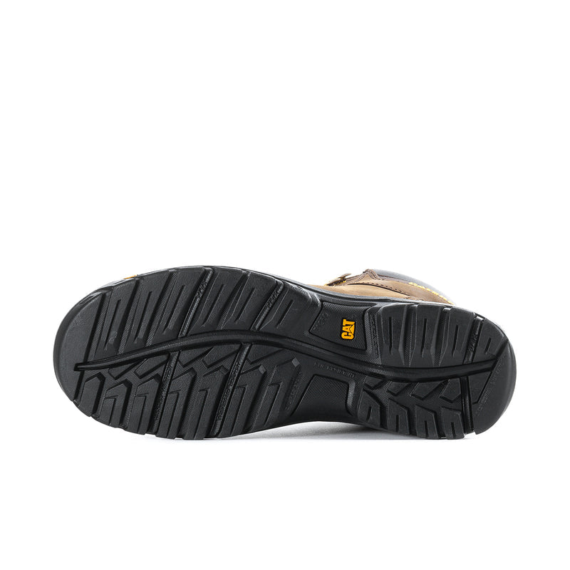 Outsole view of dark brown steel toe work boots with deep traction tread