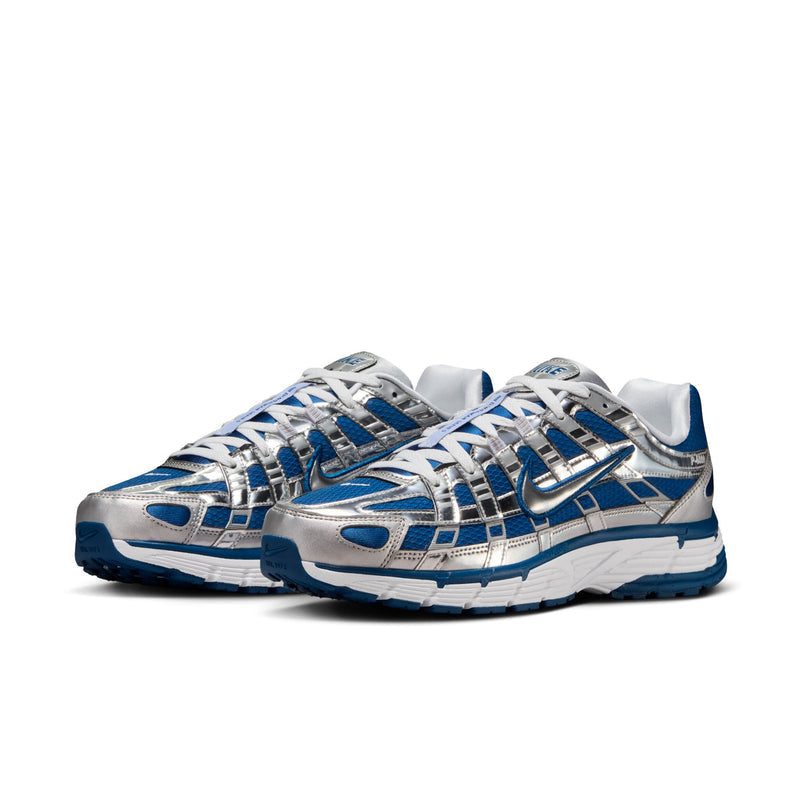 Men's blue-and-silver lace-up sneakers with shiny stripes and white midsole