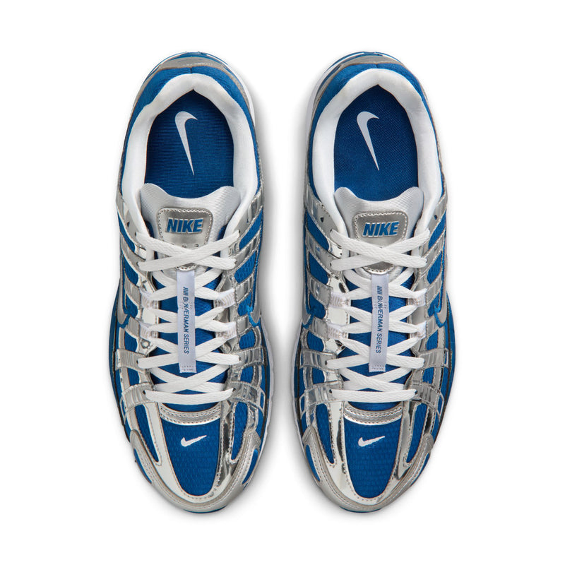 Men's blue-and-silver lace-up sneakers with white laces and NIKE logos on tongues