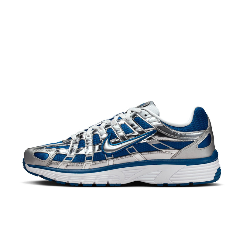 Men's blue-and-silver lace-up sneakers with swoosh and ribbed white midsole