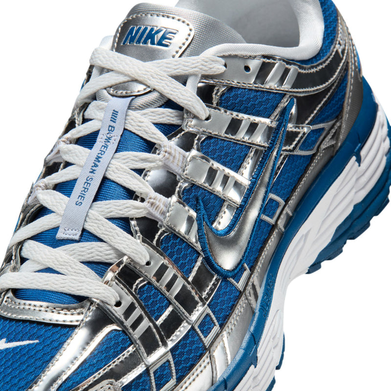 Men's sneaker upper close-up with white laces, NIKE swoosh, and blue panels