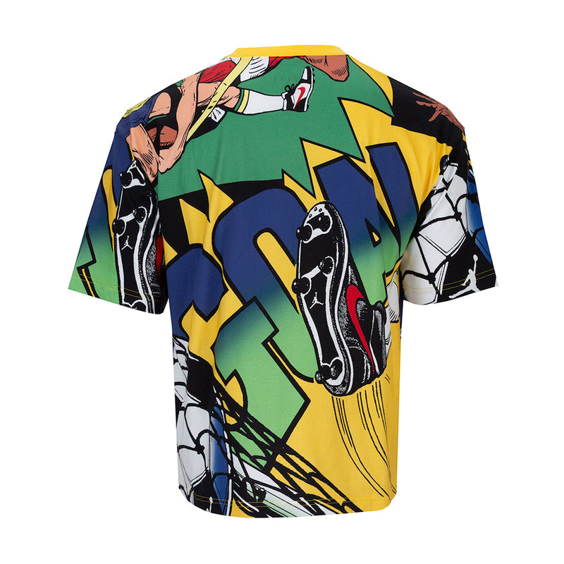Men's multicolor graphic crewneck T-shirt back view, flat lay