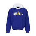 Royal blue fleece pullover hoodie with white hood and front Brasil graphic