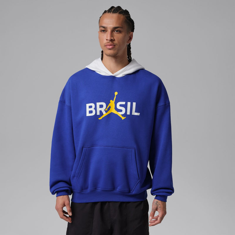 Men's royal blue pullover hoodie with white-lined hood and Brasil logo on chest