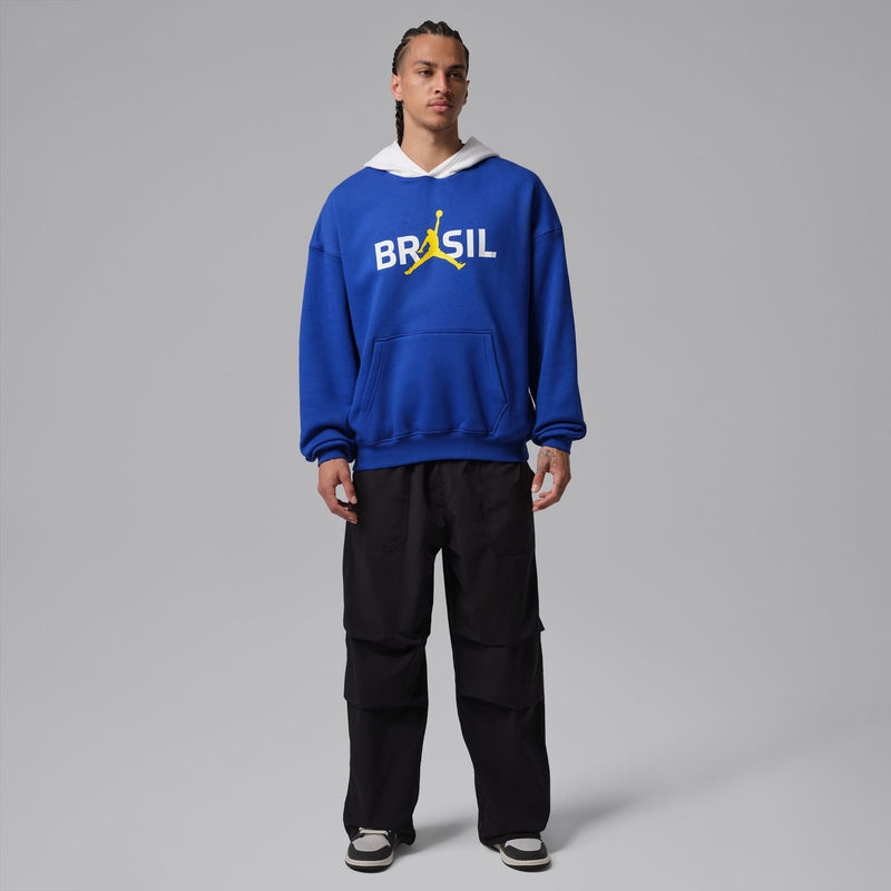 Royal blue fleece pullover hoodie with white hood lining and Brasil chest graphic