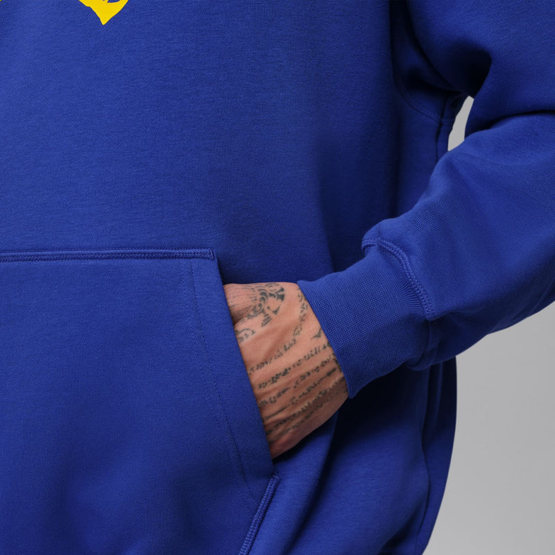 Royal blue pullover hoodie with kangaroo pocket and ribbed cuffs