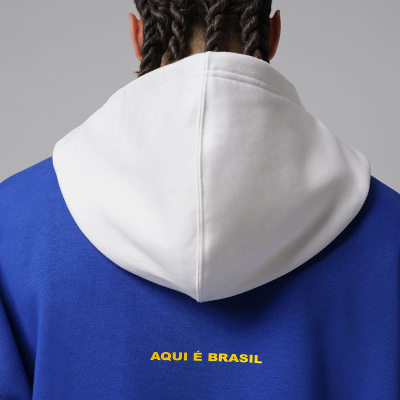 Close-up of back hood: royal blue hoodie with white hood lining and Brasil text