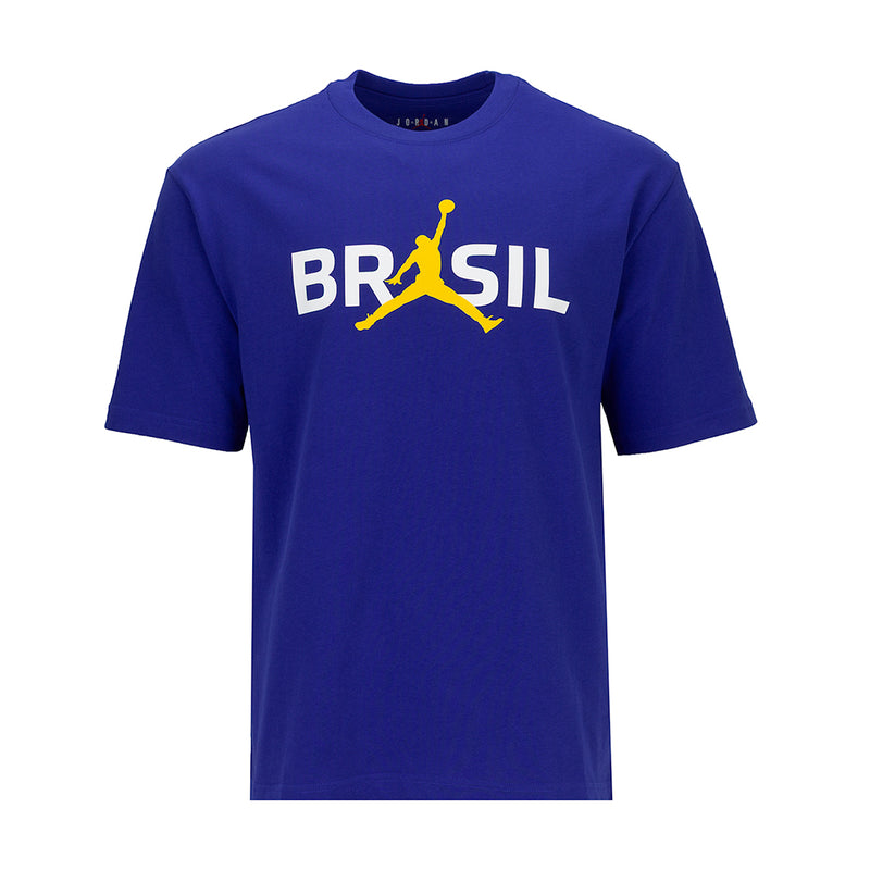 Men's blue crew-neck T-shirt with Brazil logo and Jumpman-style graphic
