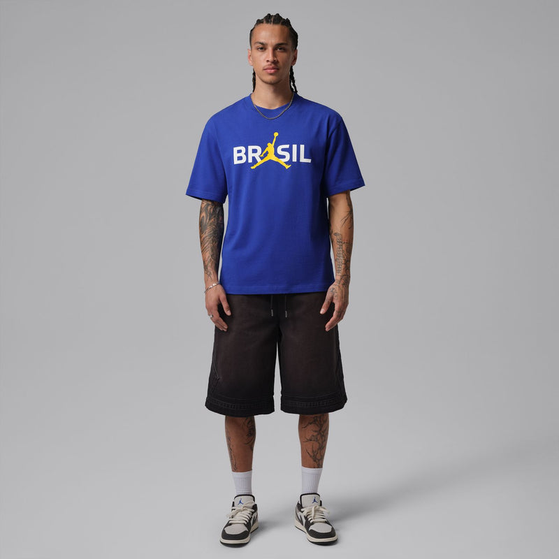 Men's blue crew-neck T-shirt with Brazil logo front, full-body view