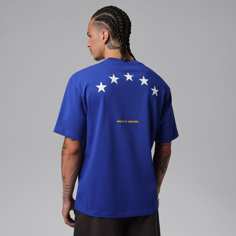 Men's blue crew-neck T-shirt with star-and-Brazil graphic on back