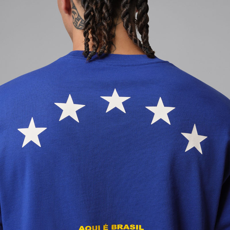 Men's blue crewneck T-shirt with white star graphic and back text