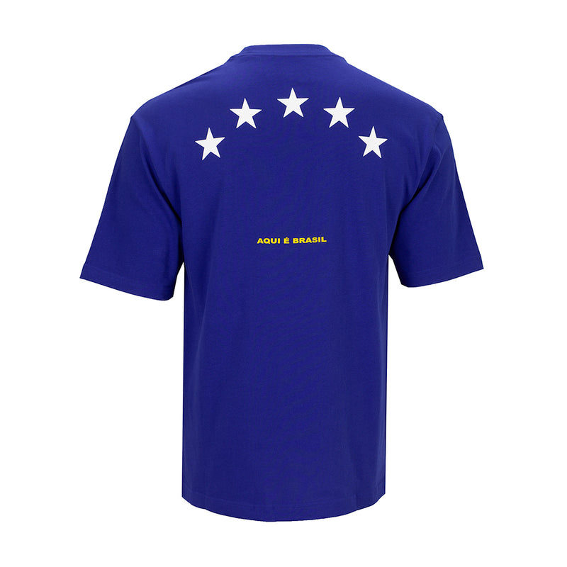 Men's blue crew neck T-shirt with five white stars and small chest text on back