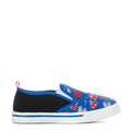 Kids blue slip-on canvas sneaker with Pac-Man graphic, black side panels, white sole