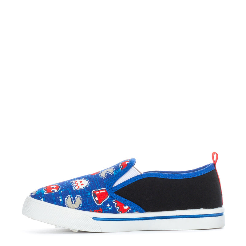 Blue kids slip-on canvas sneaker with Pac-Man print, black lining, white sidewall sole