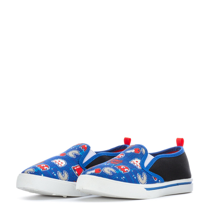 Pair of kids blue slip-on sneakers with Pac-Man arcade graphics, black lining, red heel tabs