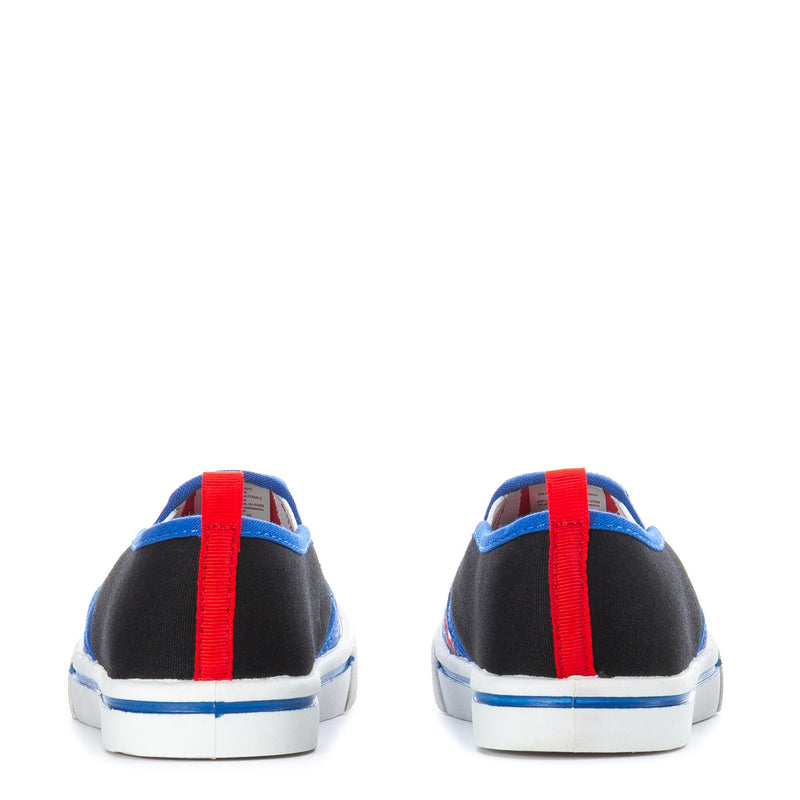 Kids slip-on sneakers back view with red strap detail, blue accents, white outsole